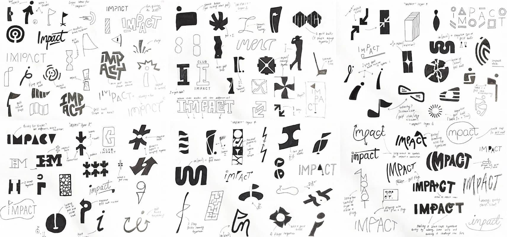 Sheets of logo sketches and concept explorations